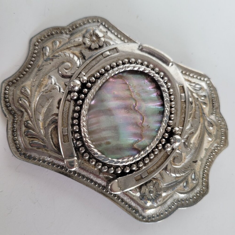 Vintage Mother of Pearl Southwestern Silver Plated Metal Belt Buckle